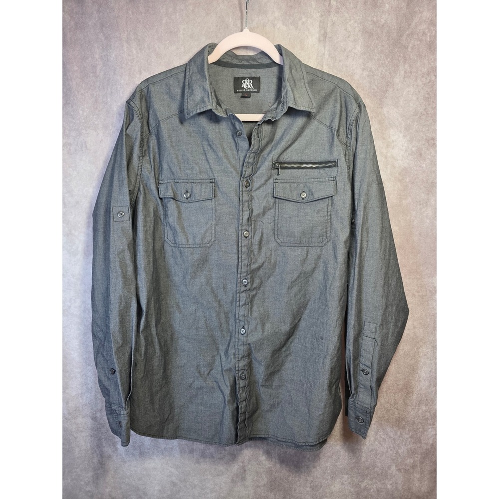 Rock Republic Men's Grey Button Down Long Sleeve Shirt Size Lrge Utility Pockets
